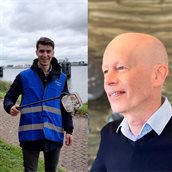 Actiefoto van Sven Borghart met visnet, portretfoto van Wijnand Kooring.