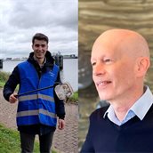 Actiefoto van Sven Borghart met een zwerfafvalgrijper in de hand, portretfoto van Wijnand Kooring.